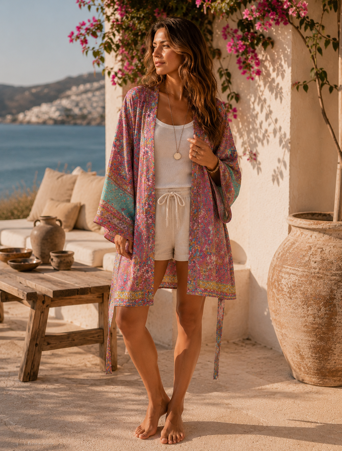 Kimono i mjuk viskos med blommigt mönster