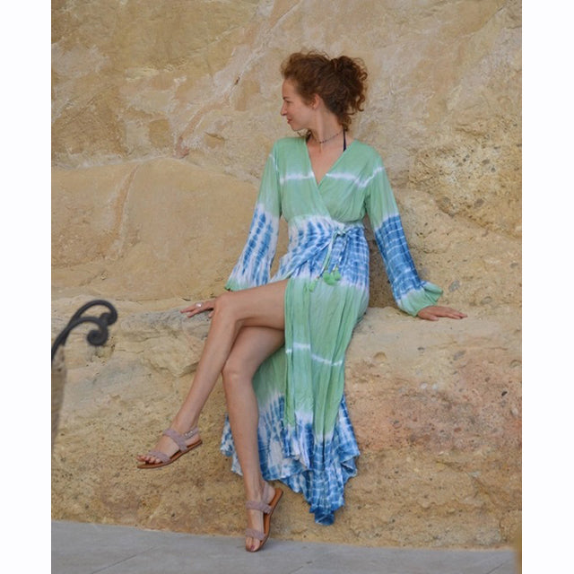 🌿 Megan Tie Dye Wrap Dress – Boho Romance