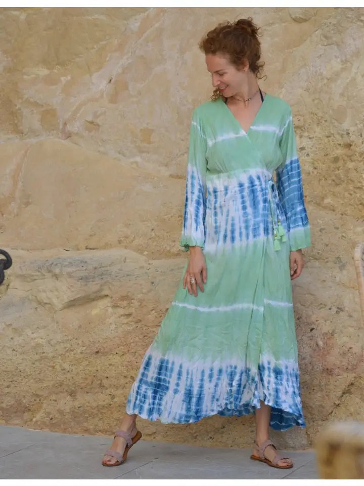 🌿 Megan Tie Dye Wrap Dress – Boho Romance