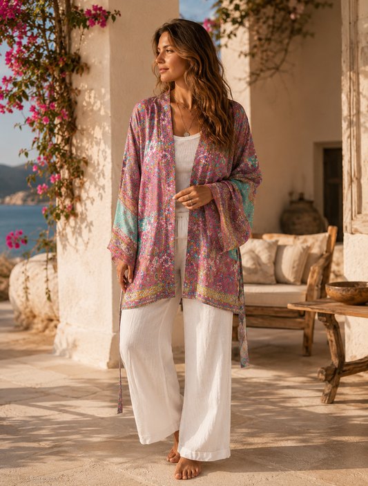 Kimono i mjuk viskos med blommigt mönster