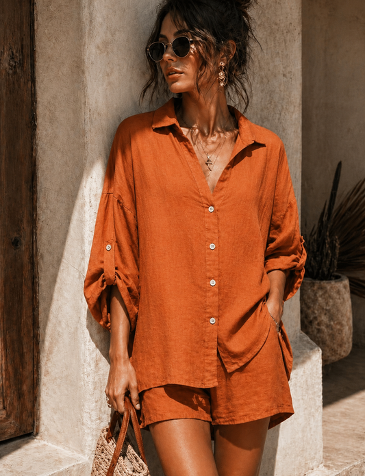 Linneskjorta i varm terracotta – avslappnad elegans